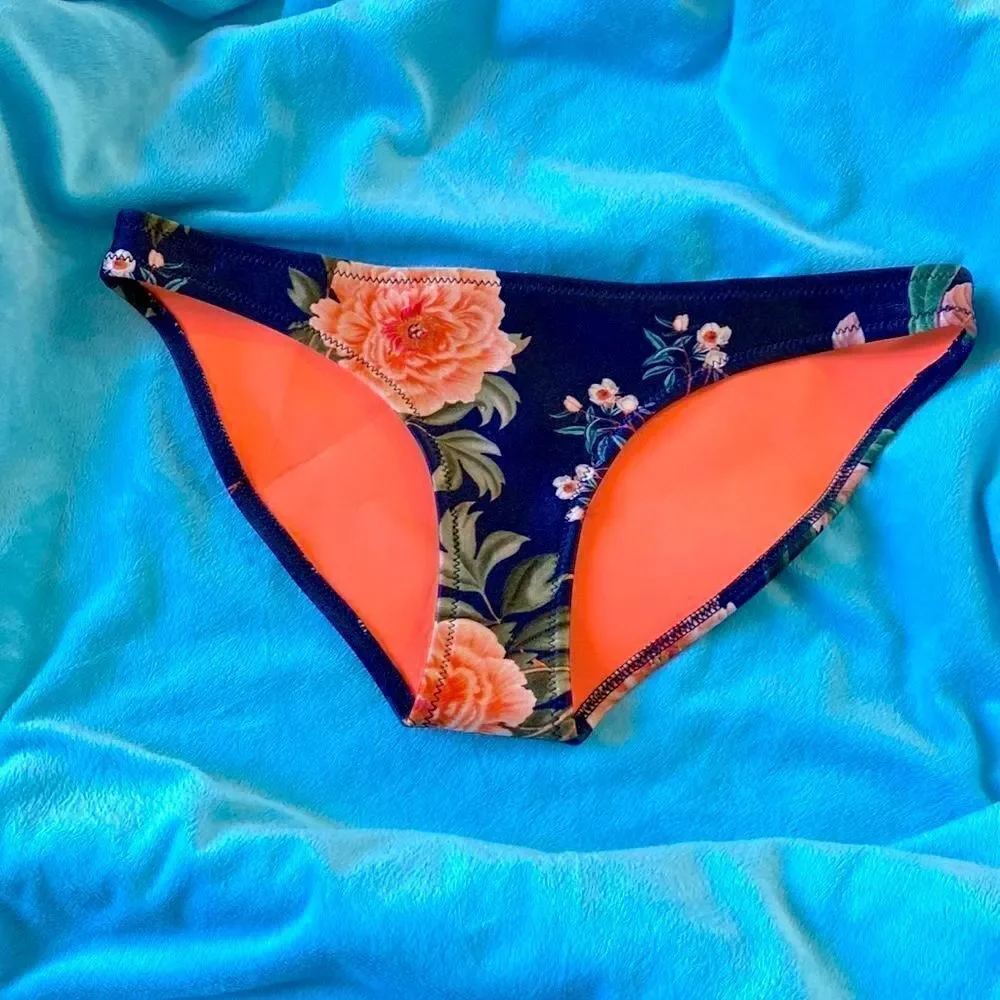 Triangl Navy Blue Bikini Bottom Orange Flowers Floral Swimwear Tropical Vacation